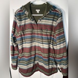 LL Bean Womens Loden Striped Fleece Lined Hooded Flannel Shirt Shacket Medium M